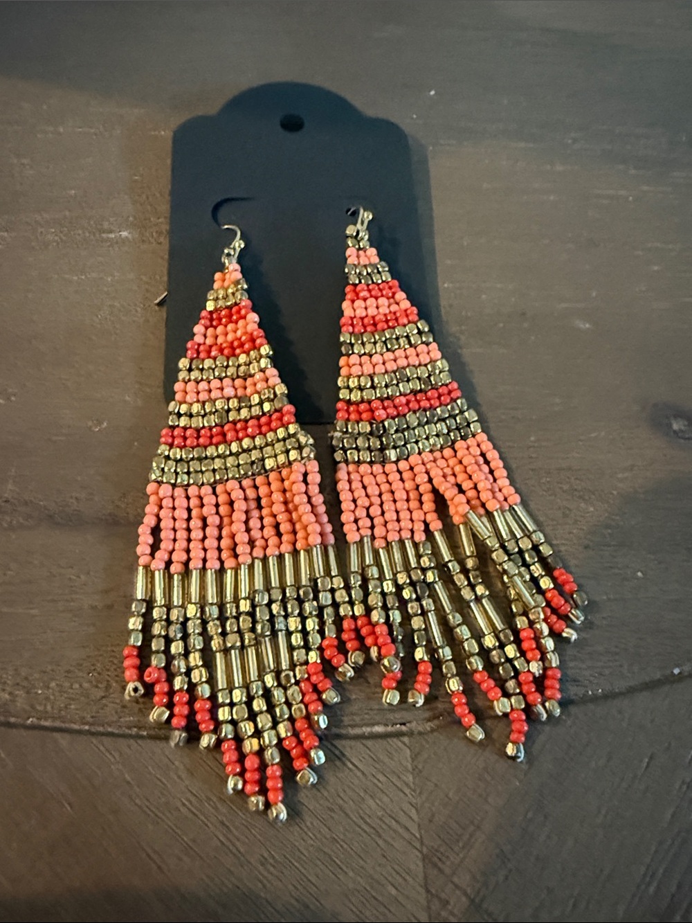 Handmade Coral and Gold Beaded Fringe Earrings